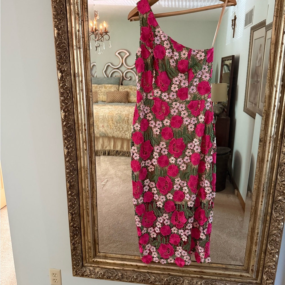 Xscape One Shoulder Pink and Green Floral Dress